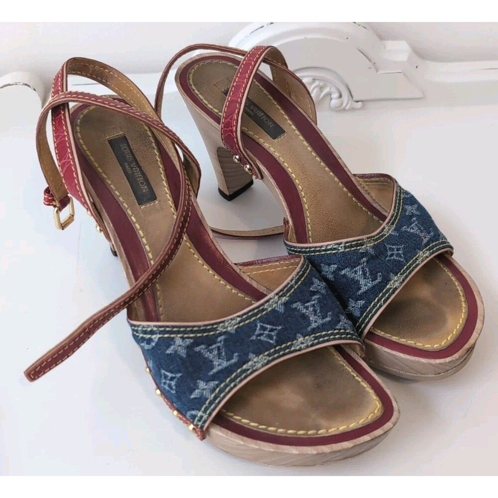 LOUIS VUITTON Vintage Logo Monogram Strap Sandals Heels Size 37‎